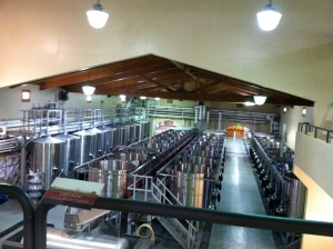 The grapes are processed and turned into wine in these silver tanks.